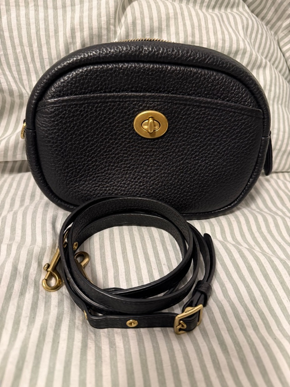 Coach Black Pebbled Leather Crossbody Camera Bag with Gold Hardware